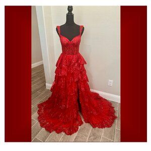 Sherri Hill Sequin Ruffle A-Line Prom Dress RED size 8